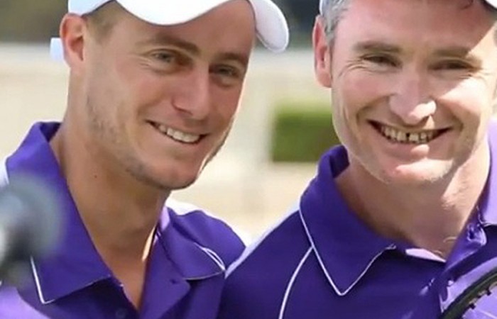 Lleyton Hewitt (L) with Melbourne comedian and radio presenter Dave Hughes at the Cadbury 