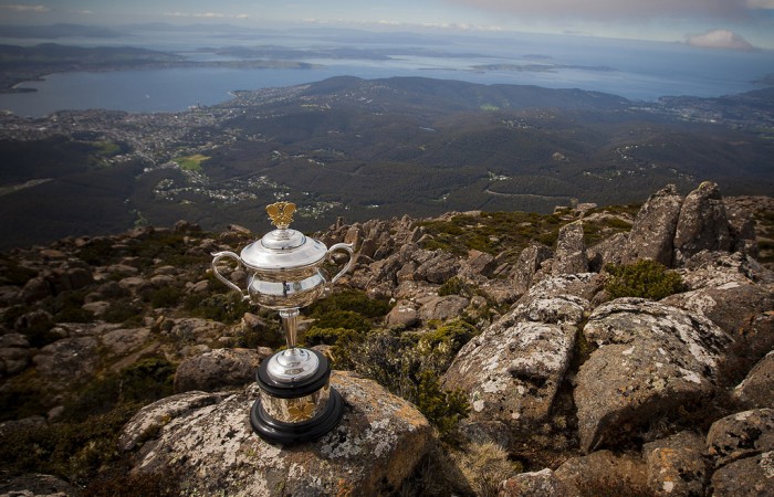 The Daphne Akhurst Memorial Cup atop Mount Wellington overlooking Hobart and the River Derwent as part of the Australian Open Trophy Tour of Tasmania; Tennis Australia