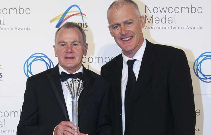 Andrew Rae (L) poses with John Fitzgerald after winning the Most Outstanding 35+ Senior award at the 2012 Newcombe Medal Australian Tennis Awards; Tennis Australia