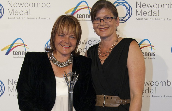 Anne Baldwin (L) poses with Senator Kate Lendy after winning the Volunteer Achievement Award at the 2012 Newcombe Medal Australian Tennis Awards; Tennis Australia