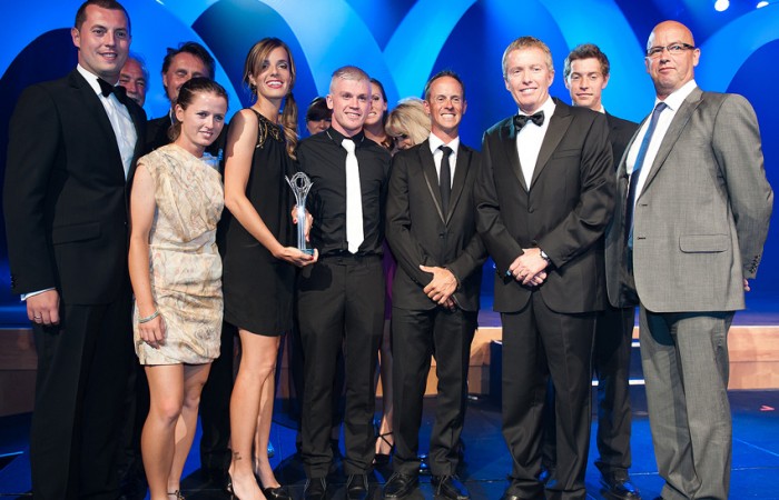 Elsternwick Park Tennis Centre staff with Tennis Australia's director of tennis Craig Tiley (third from right) after the centre won the Most Outstanding Tennis Community Award at the 2012 Newcombe Medal Australian Tennis awards; Bek Johnson