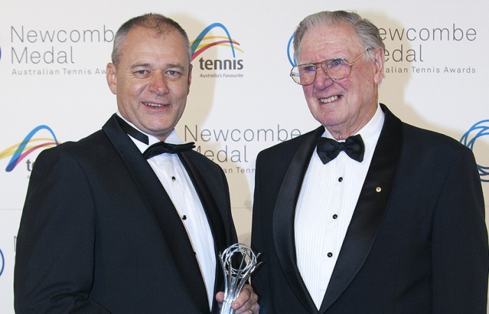 Wayne McKewen (L) poses with Frank Sedgman after winning the Excellence in Officiating Award at the 2012 Newcombe Medal Australian Tennis Awards; Mae Dumrigue
