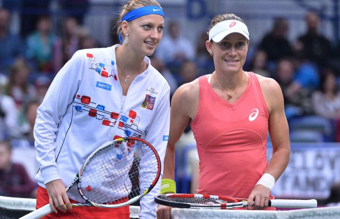 Sam Stosur (R) poses with Petra Kvitova prior to their three-set Fed Cup battle in Ostrava; Martin Sidorjak, Tennis Arena
