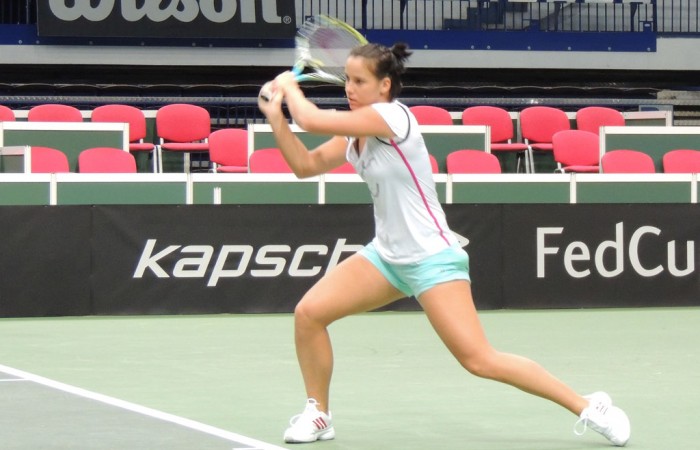 Jarmila Gajdosova practices ahead of the Australia v Czech Republic Fed Cup World Group tie at Cez Arena in Ostrava; Tennis Australia