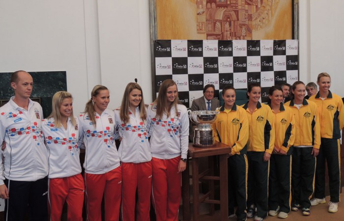 The Czech and Australian teams pose at the Fed Cup official draw ceremony at Ostrava's City Hill; Tennis Australia