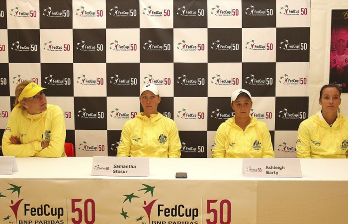 (L-R) captain Alicia Molik, Samantha Stosur, Ashleigh Barty and Jarmila Gajdosova of Australia attend at press conference following their Fed Cup victory over Switzerland in Chiasso, Switzerland; Getty Images