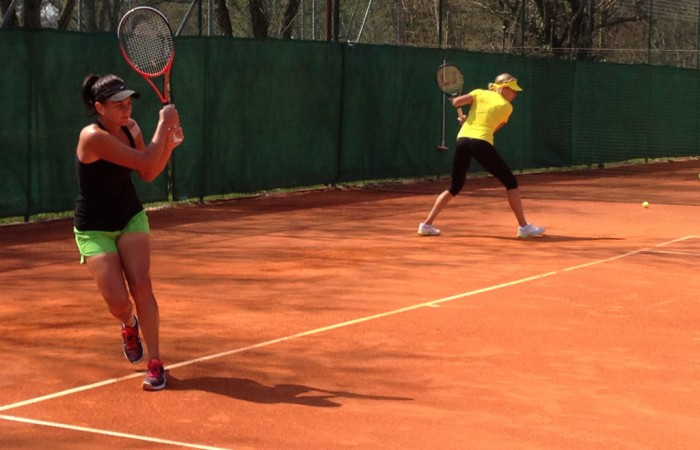 Casey Dellacqua (L) and Alicia Molik in action; Tennis Australia