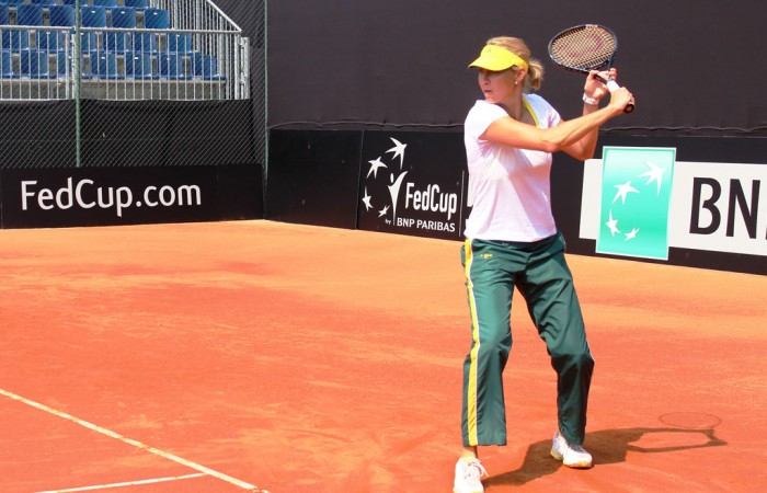 Australian Fed Cup captain Alicia Molik hits with her team on the red clay of Tennis Club Chiasso ahead of Australia's tie against Switzerland on 20-21 April; Tennis Australia