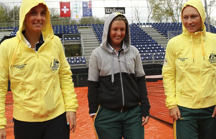 (L-R) Jarmila Gajdosova, Storm Sanders and Sam Stosur during the rain-delayed Fed Cup World Group Play-Off tie between Switzerland and Australia at Tennis Club Chiasso; Getty Images