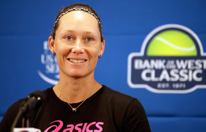Sam Stosur speaks at a press conference prior to her first match at the WTA Bank of the West Classic in Stanford, California; Getty Images