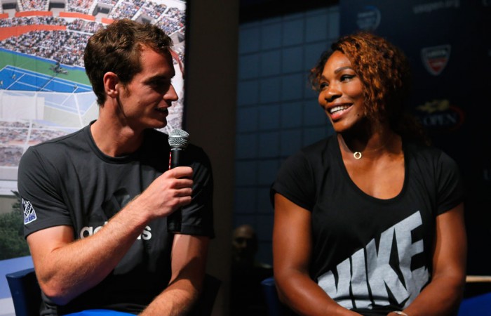 Defending US Open champions Serena Williams (R) of the United States and Andy Murray of Great Britain at the draw ceremony prior to the 2013 US Open at the USTA Billie Jean King National Tennis Center in New York City; Getty Images for the USTA