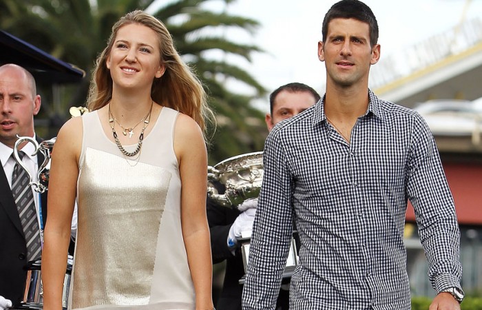 Novak Djokovic (R) and Victoria Azarenka arrive prior to the official draw for the 2013 Australian Open; Getty Images
