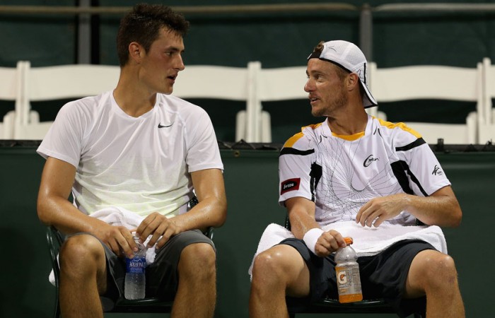 Lleyton Hewitt (R) and Bernard Tomic in doubles action at the Sony Open in Miami, Florida; Getty Images