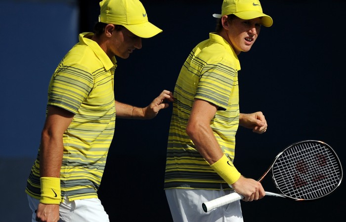 Harry Bourchier (R) and Bradley Mousley of Australia in action during their 7-5 6-4 boys' doubles first round loss to Quentin Halys of France and Frederico Ferreira Silva of Portugal at the US Open in New York; Getty Images