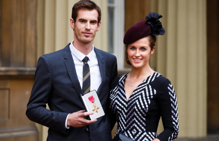 Wimbledon champion Andy Murray and his girlfriend Kim Sears pose at Buckingham Palace on October 17, 2013 in London, England. Murray was awarded the Order of the British Empire (OBE) from Prince William, Duke of Cambridge; Paul Rogers/WPA Pool/Getty Images