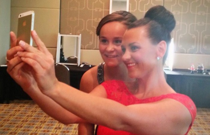 Casey Dellacqua (R) and Ash Barty behind the scenes at the Newcombe Medal; Tennis Australia