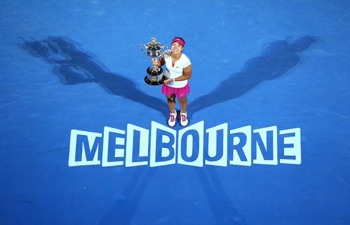 MELBOURNE, AUSTRALIA - JANUARY 25:  Na Li of China holds the Daphne Akhurst Memorial Cup after winning the women's final match against Dominika Cibulkova of Slovakia during day 13 of the 2014 Australian Open at Melbourne Park on January 25, 2014 in Melbourne, Australia.  (Photo by Quinn Rooney/Getty Images)