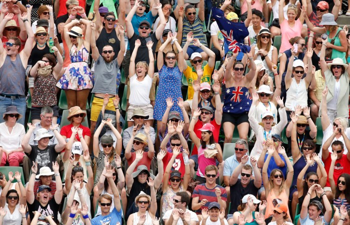 MELBOURNE, AUSTRALIA - JANUARY 18:  Tennis fans perform a mexican wave during day six of the 2014 Australian Open at Melbourne Park on January 18, 2014 in Melbourne, Australia.  (Photo by Scott Barbour/Getty Images)