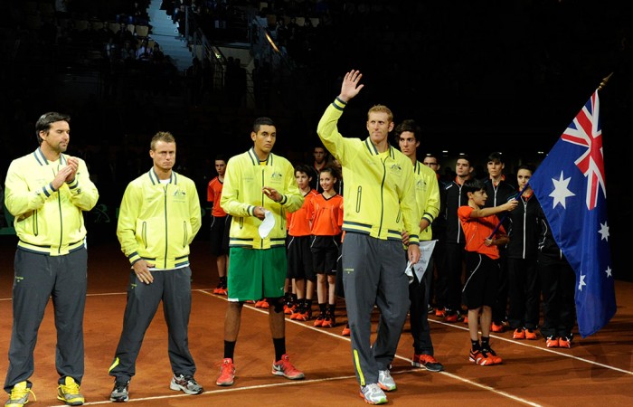 The Australian team is introduced during the opening ceremony, France, 2014.  © FFT/P. Montigny