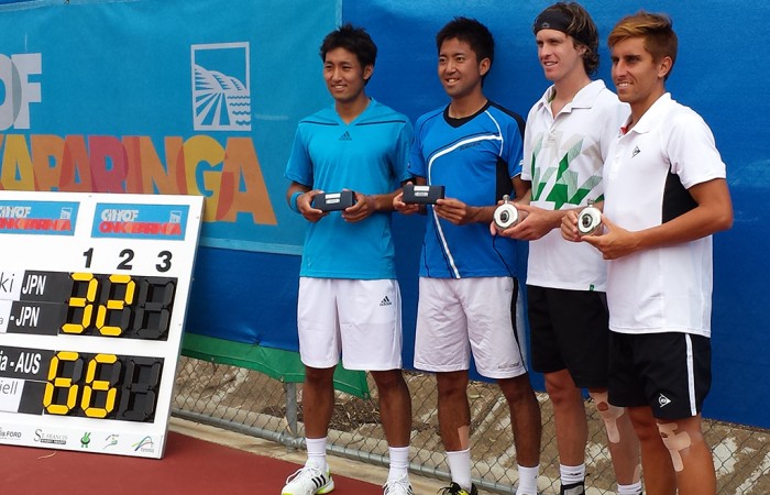 Second seeds Marcus Daniell of New Zealand (second from right) and Dane Propoggia of Australia (right) pose with their trophies after winning the City of Onkaparinga Tennis International men's doubles title over Japanese third seeds Takuto Niki and Yasutaka Uchiyama 6-3 6-2; Tennis Australia