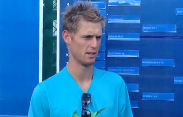 Luke Saville conducts an interview following his victory at the Mildura Grand Tennis International Pro Tour event; Tennis Australia
