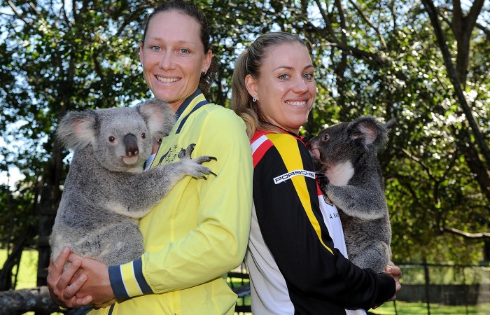 Sam Stosur, Australia, and Angelique Kerber, Germany, at the official draw at Lone Pine Koala Sanctuary ahead of the Fed Cup semifinal tie in Brisbane. Photo by MATT ROBERTS/GETTY IMAGES