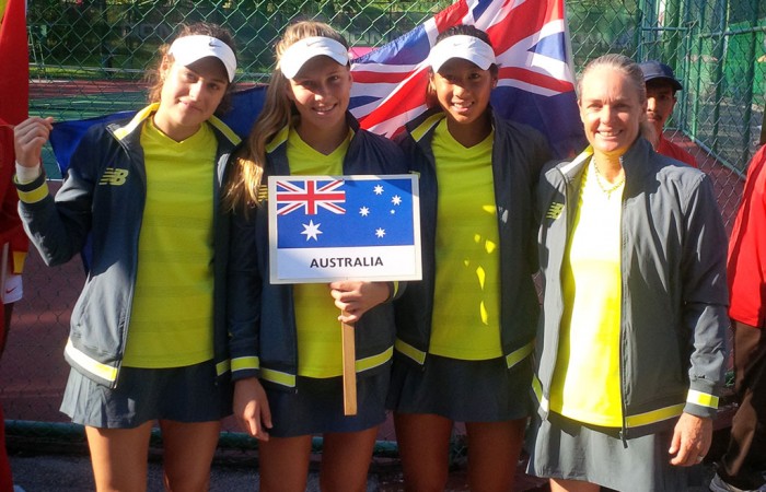 The Australian Junior Fed Cup team of (L-R) Kimberly Birrell, Maddison Inglis, Priscilla Hon and captain Louise Pleming pose at the opening ceremony of the Asia/Oceania qualifying event in Kuching, Malaysia; Tennis Australia 