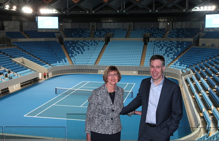 Margaret Court and Margaret Court Arena architect Hamish Lyon at the launch of Australian Open 2015. FIONA HAMILTON