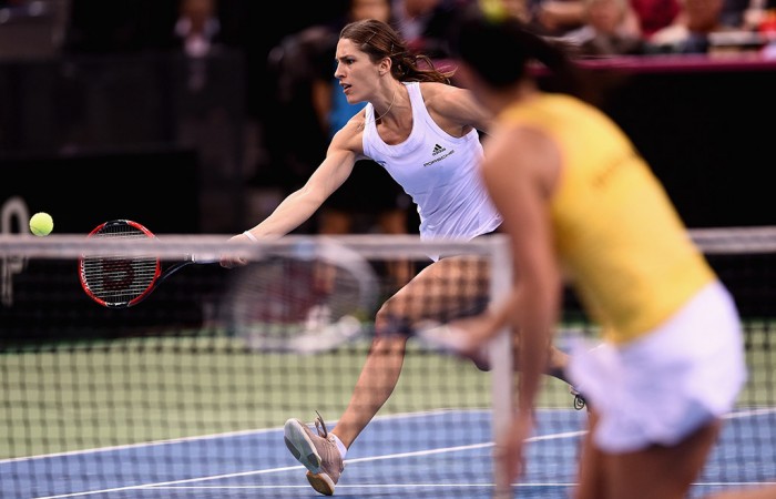 Andrea Petkovic (L) in action against Jarmila Gajdosova during the reverse singles of the Australia v Germany Fed Cup tie in Stuttgart; Getty Images