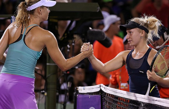 Daria Gavrilova (L) shakes hands with Maria Sharapova following her second round victory over the No.2 seed at the Miami Open; Getty Images