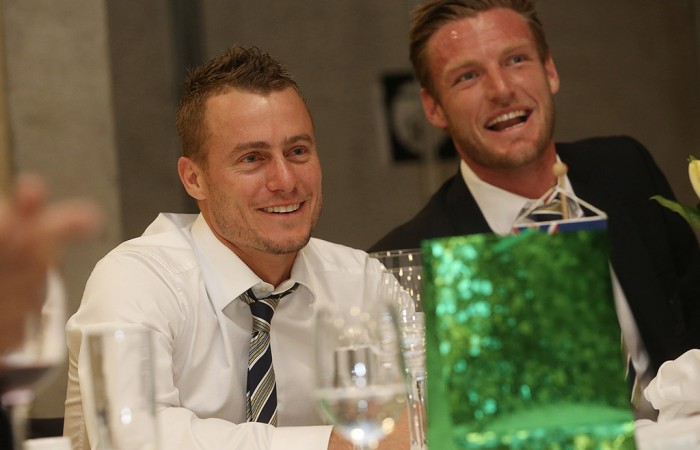 Lleyton Hewitt (L) and Sam Groth at the official team dinner for the Davis Cup World Group tie between Australia and Czech Republic; Pavel Lebeda