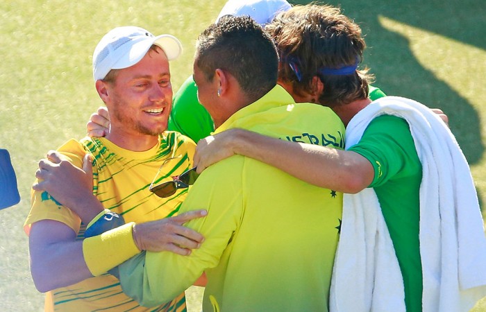 Lleyton Hewitt (L) celebrates his victory over Aleksandr Nedovyesov with teammates following the decisive fifth rubber of the Australia v Kazakhstan Davis Cup World Group quarterfinal in Darwin; Getty Images