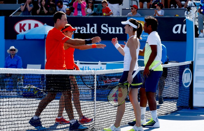 The winners of Tennis Australia’s national Win a Wildcard mixed doubles competition, Victorian pair Masa Jovanovic and Sam Thompson, played Martina Hingis and Leander Paes on day 7 of Australian Open 2015.