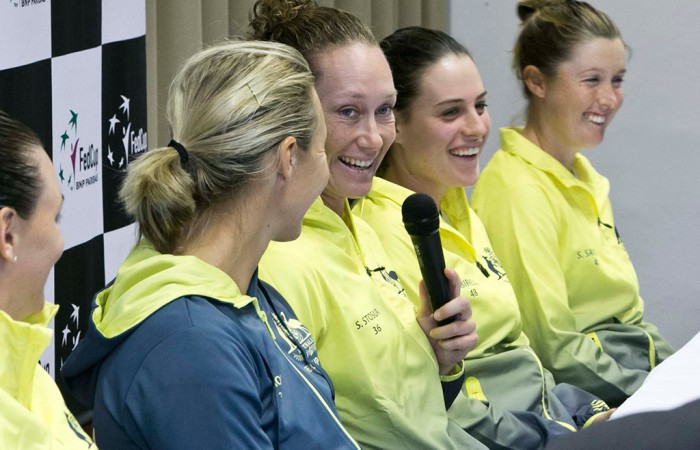 (L-R) Alicia Molik, Sam Stosur, Kimberly Birrell and Storm Sanders at the Australia v Slovakia Fed Cup pre-tie press conference; Roman Benicky