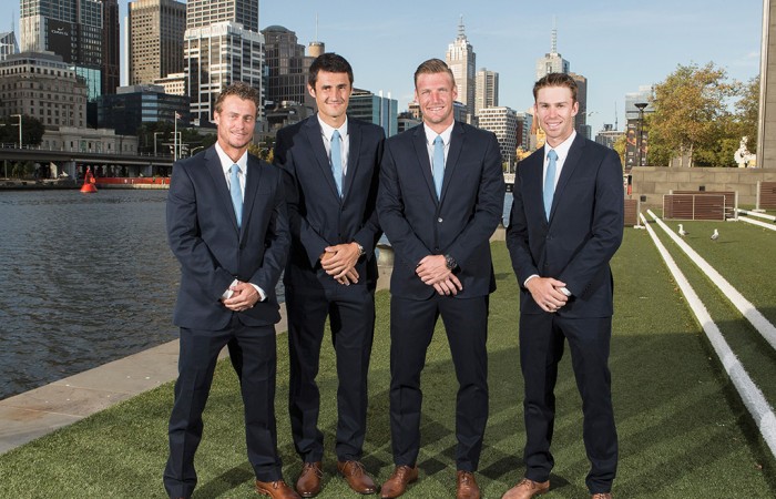 Australia's Davis Cup team of (L-R) Lleyton Hewitt, Bernard Tomic, Sam Groth and John Peers get ready for the official team dinner in Melbourne; Getty Images