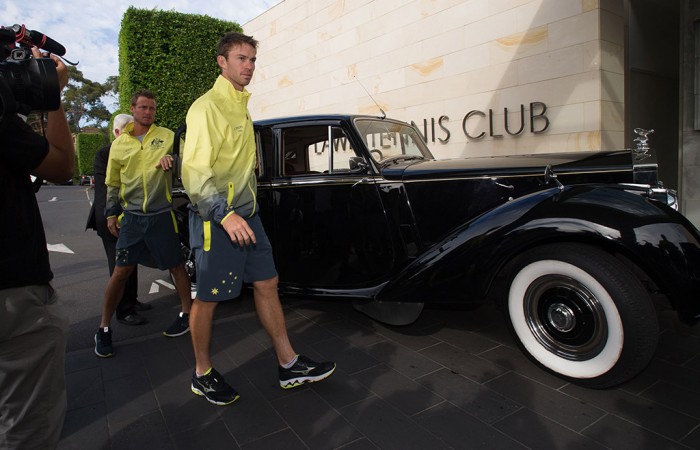 John Peers (R) and Lleyton Hewitt arrive for the Australia v United States official draw ceremony at Kooyong Lawn Tennis Club; Elizabeth Xue Bai