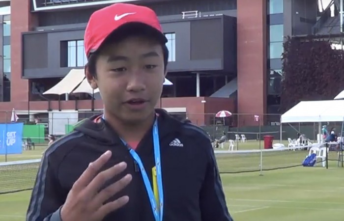 Edward Vo is interviewed after his quarterfinal victory at the 12/u Australian Grasscourt Championships in Adelaide; Tennis SA