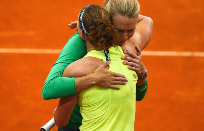 Stosur and Molik embrace after the tie. Photo: Getty Images