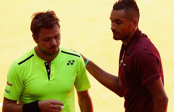 Nick Kyrgios (R) shakes hands with Stan Wawrinka after winning their second-round match at the Mutua Madrid Open; Getty Images
