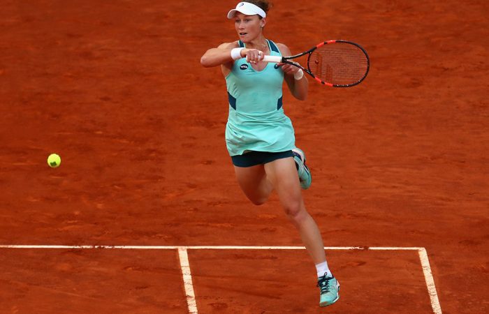 Sam Stosur in action during her third-round victory over No.8 seed Carla Suarez Navarro at the Mutua Madrid Open; Getty Images