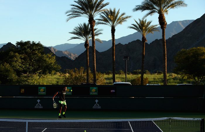 Nick Kyrgios practices with the magnificent Indian Wells scenery as a backdrop; Getty Images