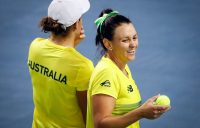 Ash Barty (L) and Casey Dellacqua in doubles action for Australia; photo credit Srdjan Stevanovic