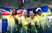 Australia's Fed Cup team of (L-R) Destanee Aiava, Daria Gavrilova, Casey Dellacqua and Ash Barty celebrate a 2017 win in Serbia; photo credit Srdjan Stevanovic