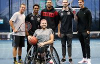 Australian Davis Cup captain Lleyton Hewitt and players Thanasi Kokkinakis, Nick Kyrgios and Dylan Alcott pose with Melbourne United NBL basketballers Chris Goulding and Casper Ware during an Australian Open announcement at Melbourne Park on December 6, 2017; Getty Images