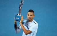 BRISBANE, AUSTRALIA - JANUARY 07: Nick Kyrgios of Australia holds the winners trophy after the Men's Final match against Ryan Harrison of the USA during day eight of the 2018 Brisbane International at Pat Rafter Arena on January 7, 2018 in Brisbane, Australia. (Photo by Chris Hyde/Getty Images)