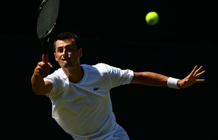 Bernard Tomic in action during his first-round qualifying victory over Matteo Donati at Roehampton; Getty Images