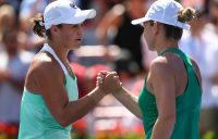 Ash Barty (L) shakes hands with Simona Halep after losing their semifinal match at the Coupe Rogers in Montreal; Getty Images