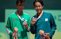 Silver Medalists Adrian Andreev BUL (left) and Rinky Hijikata AUS - playing as a Mixed International Team - pose for a photograph with their medals during the victory ceremony for the Tennis Men's Doubles at the Buenos Aires Lawn Tennis Club, Green Park. The Youth Olympic Games, Buenos Aires, Argentina Sunday 14th October 2018. Photo: Florian Eisele for OIS/IOC. Handout image supplied by OIS/IOC