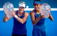 Sam Stosur (L) and Zhang Shuai pose with their trophies after winning the WTA doubles title in Hong Kong (credit: Prudential Hong Kong Tennis Open)