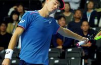 Alex de Minaur of Australia reacts during his men's singles second round match against Greece's Stefanos Tsitsipas at the Japan Open tennis championships in Tokyo on October 4, 2018. (Photo by TOSHIFUMI KITAMURA / AFP) (Photo credit should read TOSHIFUMI KITAMURA/AFP/Getty Images)